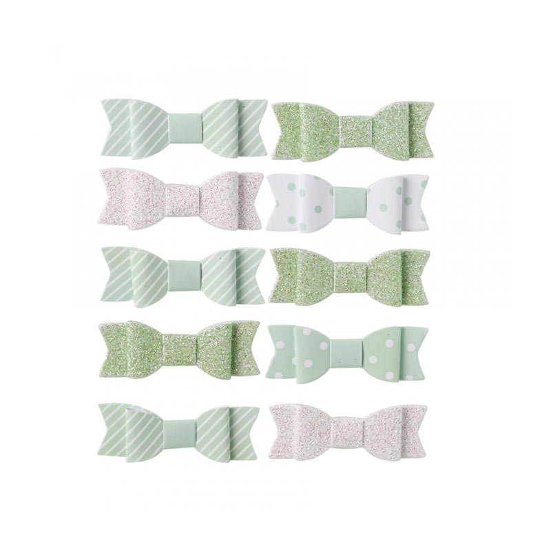 10 Petits Noeuds Autocollants Vert Pastel et Blanc