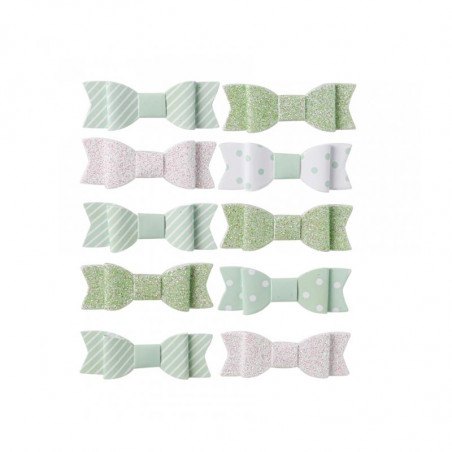 10 Petits Noeuds Autocollants Vert Pastel et Blanc