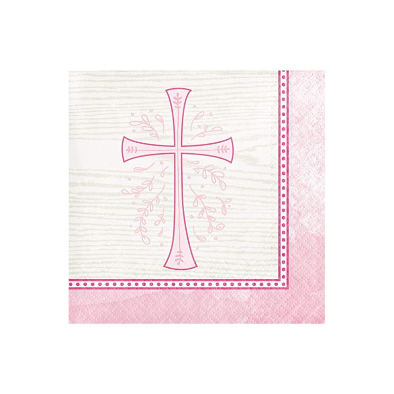 Serviettes Cocktail Roses en Papier Croix Baptême et Communion Fille