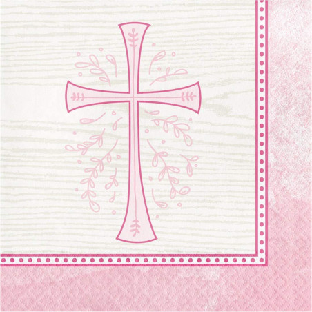 Grandes Serviettes Roses en Papier Croix Baptême et Communion Fille