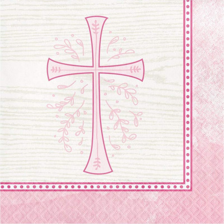 Grandes Serviettes Roses en Papier Croix Baptême et Communion Fille