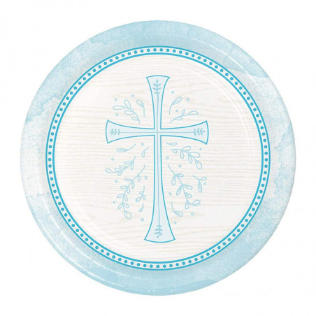 18 Assiettes Jetables Baptême Bleu Clair et Croix