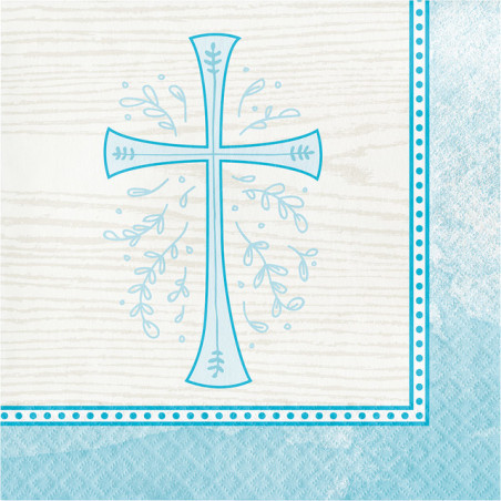 Grandes Serviettes Bleues en Papier Croix Baptême et Communion Garçon
