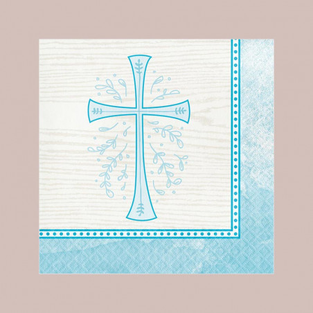 Grandes Serviettes Bleues en Papier Croix Baptême et Communion Garçon