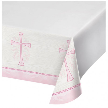 Nappe en plastique baptême communion croix rose fille