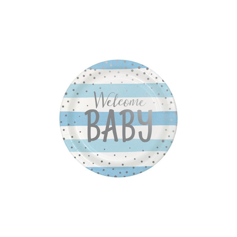 Grandes Assiettes Bleu Poudré & Argent - Anniversaire Party