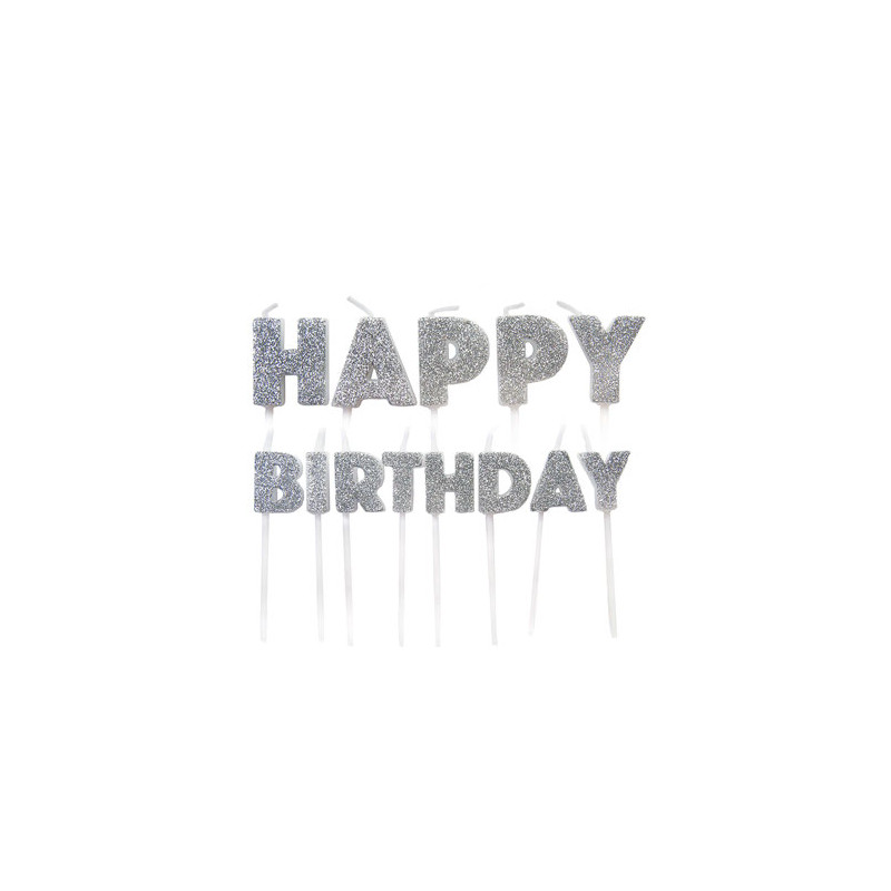 Décors Gateau Banderole "Happy Birthday" Glitter Argent Fête d'Anniversaire enfant