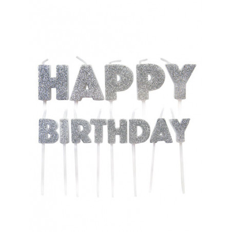 Décors Gateau Banderole "Happy Birthday" Glitter Argent Fête d'Anniversaire enfant