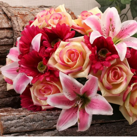 Gros bouquet de fleurs artificielles roses et lys - Décoration de fête