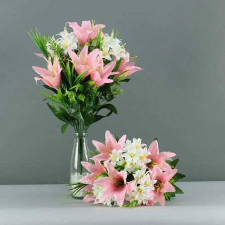 Gros bouquet de fleurs artificielles roses et blanches mélange fleurs et feuillage - Décoration de fête
