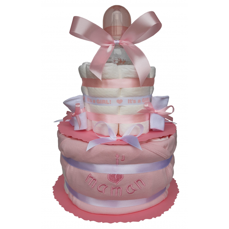 Gâteau de couches rose J'aime Maman en couches Pampers
