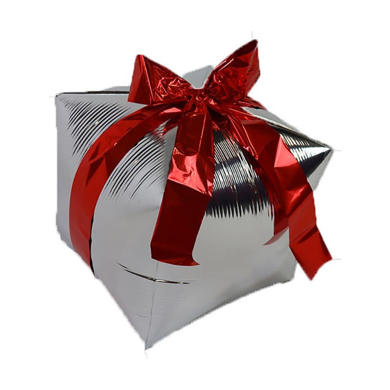 Ballon alu forme Cadeau Argent avec un Ruban Rouge Décor Noël