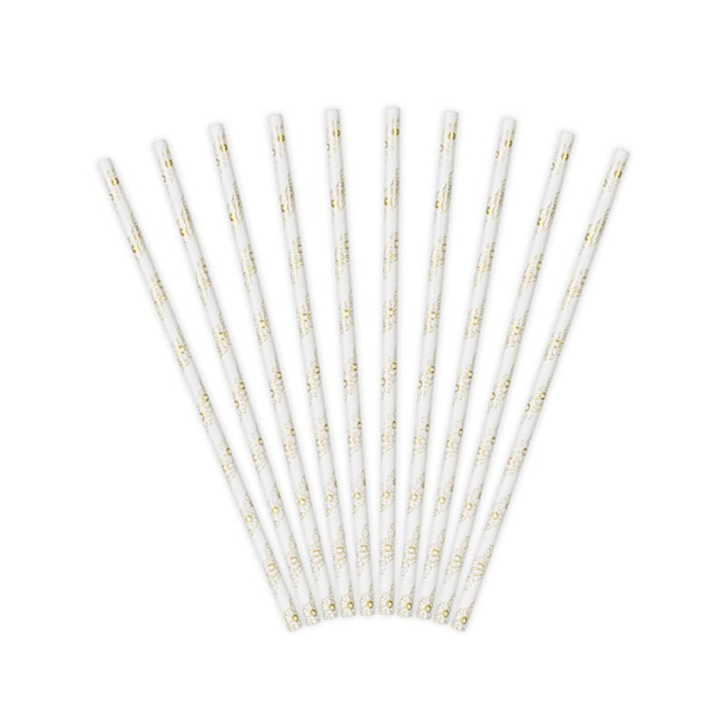 Pailles Motifs Fleurs Marguerites Blanc et doré