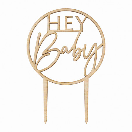 Pique Gâteau Hey Baby en Bois - Thème Champêtre Baby Shower Eucalyptus