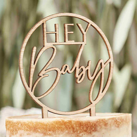 Pique Gâteau Hey Baby en Bois - Thème Champêtre Baby Shower Eucalyptus