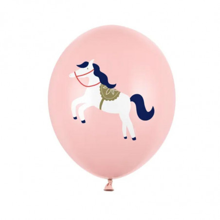 Ballons x 6 Latex Cheval Blanc sur fond rose pastel