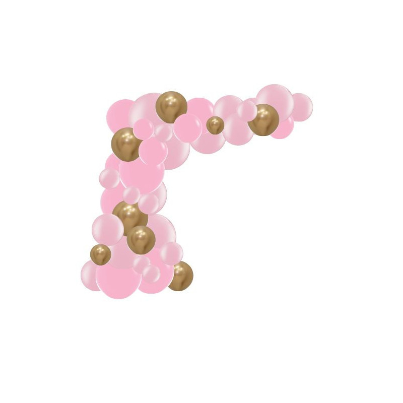 Arche de ballons organiques princesse rose clair, rose nacré et doré chromé