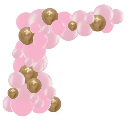 Arche de ballons organiques princesse rose clair, rose nacré et doré chromé