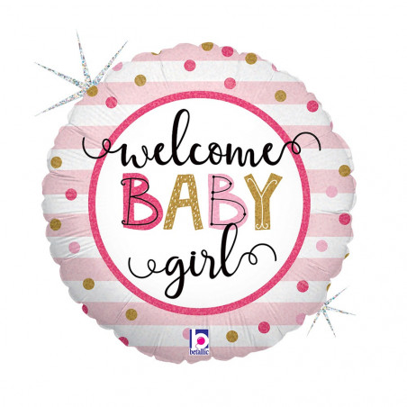 Ballon Rond Welcome Baby Girl Holographique