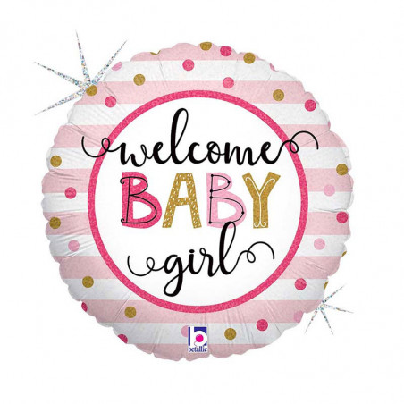 Ballon Rond Welcome Baby Girl Holographique