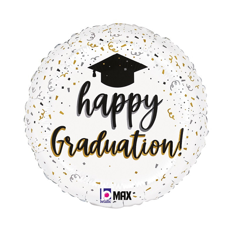 Ballon Rond Happy Graduation Noir Argent Doré avec confettis