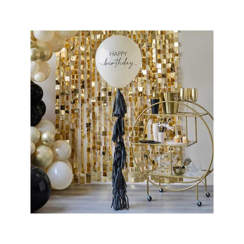 Ballon XL Happy Birhtday Beige écriture noire avec tassels - Anniversaire Adulte