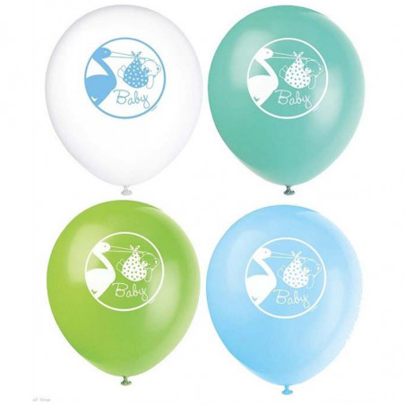 8 Ballons latex Baby Shower Cigogne Bleue Naissance