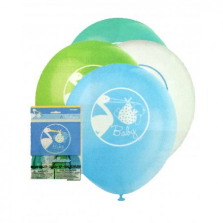 8 Ballons latex Baby Shower Cigogne Bleue Naissance