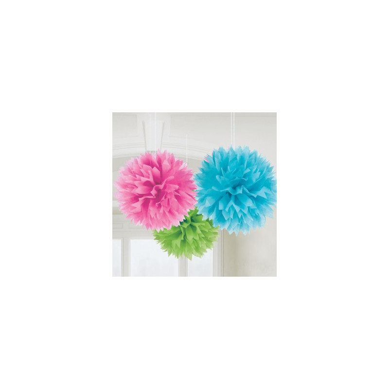 Lot de 3 Grands Pompons Papier de Soie 40 cm Bleu vert et rose Décoration de Fête