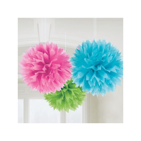 Lot de 3 Grands Pompons Papier de Soie 40 cm Bleu vert et rose Décoration de Fête