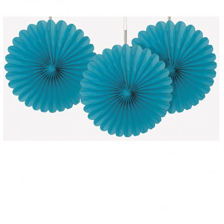 3 mini Rosaces Eventail Bleu Turquoise 15cm Papier de Riz