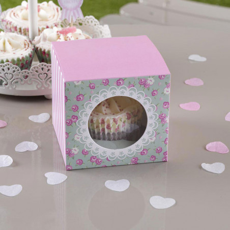 5 Boîtes à Cup cakes Décorés Rose et Vert Liberty Vintage