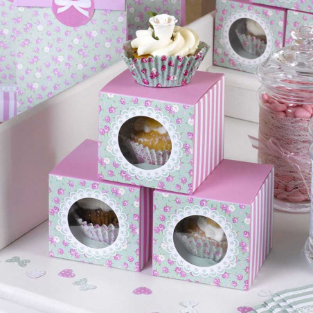 5 Boîtes à Cup cakes Décorés Rose et Vert Liberty Vintage