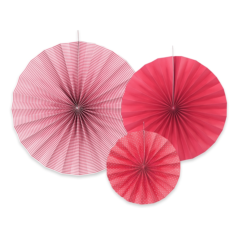 3 Rosaces Rose Framboise Rayé Pois et Uni Eventails à Suspendre Assortis