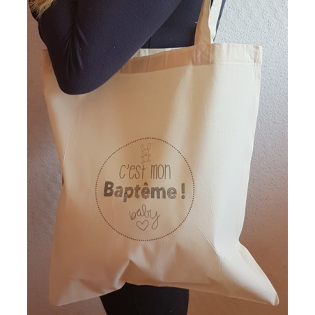 Tote Bag C'est mon Baptême Baby - Sac coton naturel tissu