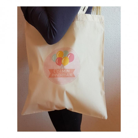 Tote Bag C'est mon anniversaire Rose - Sac coton naturel tissu