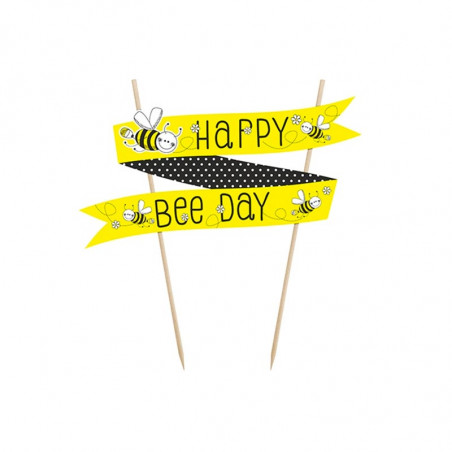 Banderole pour Gâteau sur Piques Jaune et Noir Happy Bee Day 