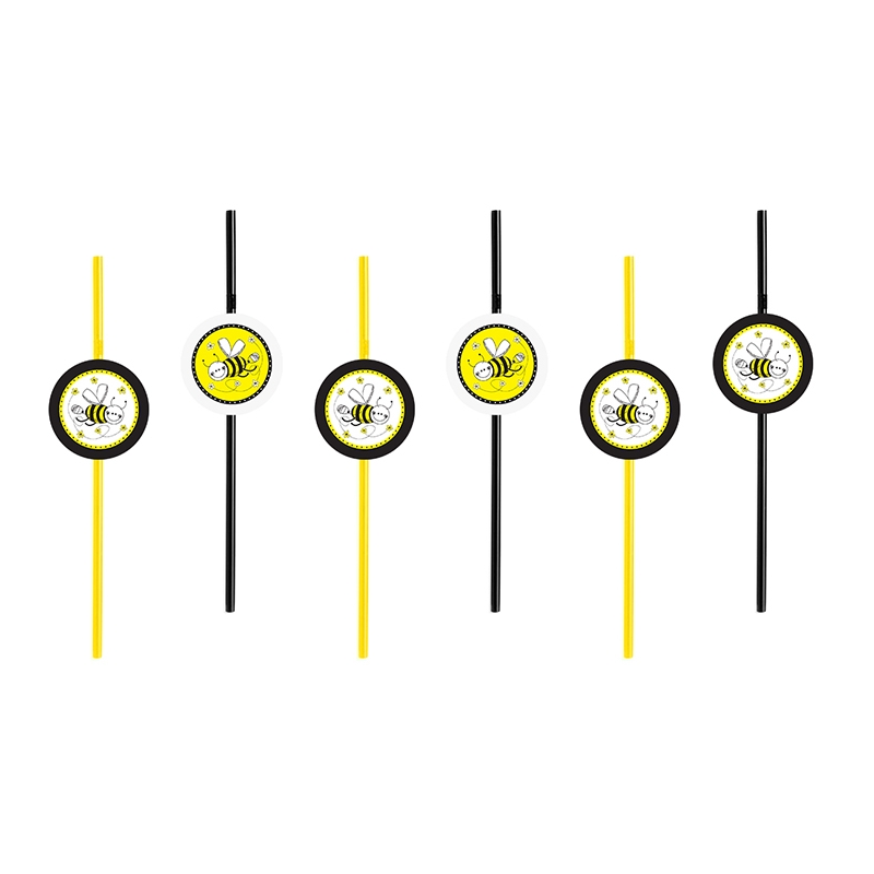 6 Pailles Décorées Thème Abeille Jaune et Noir