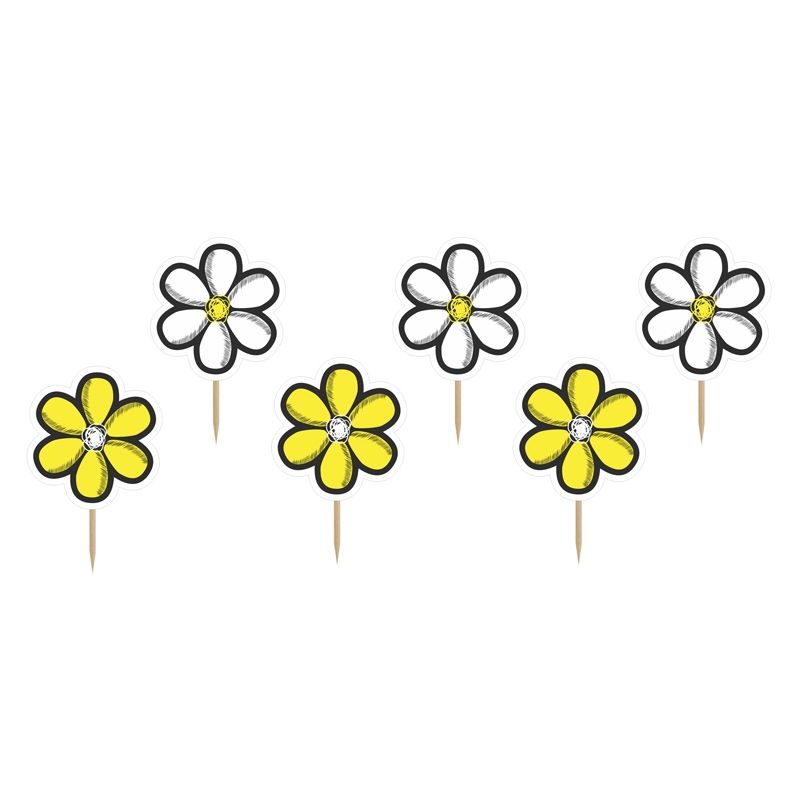 6 Piques Fleurs Toppers à Cup cake Jaune et Noir Abeilles