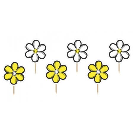 6 Piques Fleurs Toppers à Cup cake Jaune et Noir Abeilles