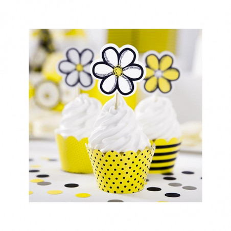 6 Piques Fleurs Toppers à Cup cake Jaune et Noir Abeilles