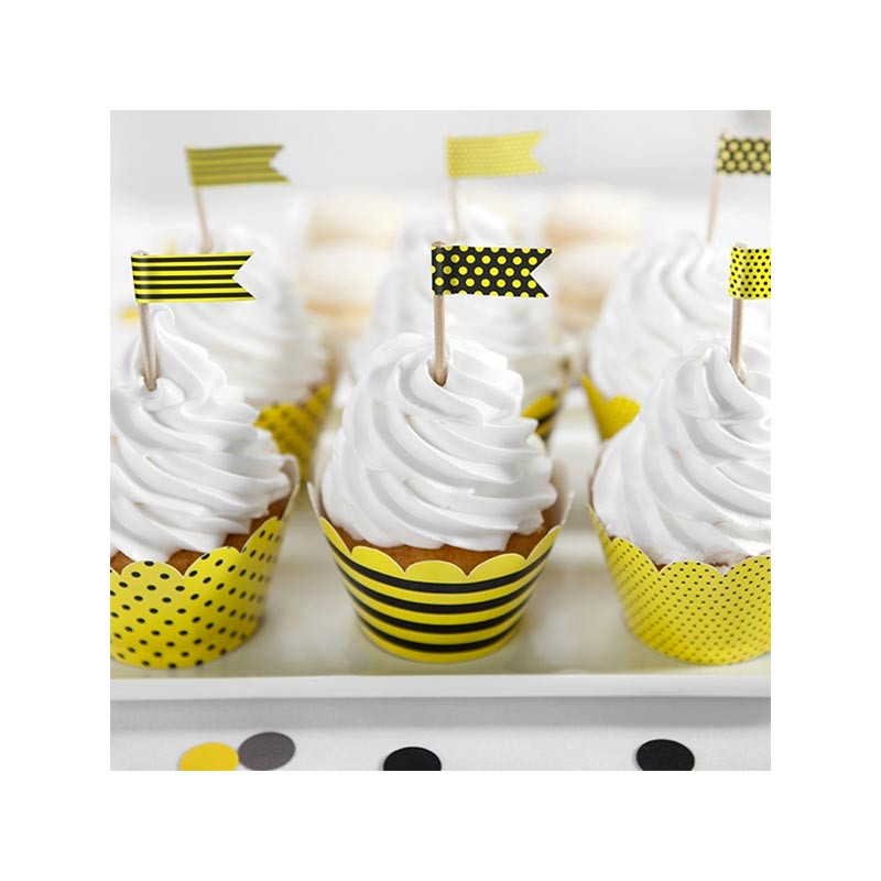 6 Piques Drapeaux à Cup cake Jaune et Noir Abeilles