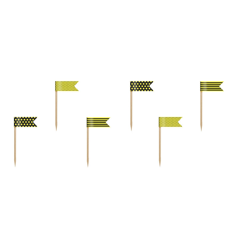 6 Piques Drapeaux à Cup cake Jaune et Noir Abeilles