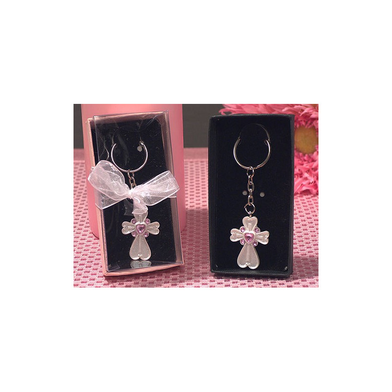 Porte Clés Croix Rose Clair Baptême Communion