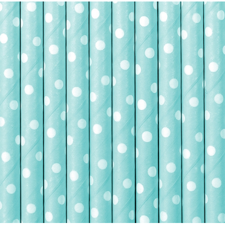 10 Pailles Rétro Pois Blanc sur Bleu
