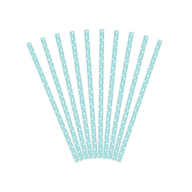 10 Pailles Rétro Pois Blanc sur Bleu