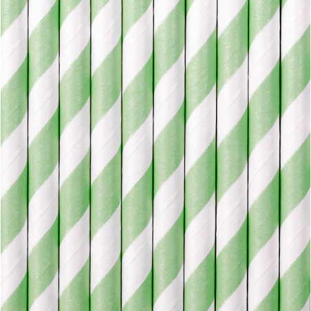 10 Pailles Rétro Rayées Vert Pastel et Blanc