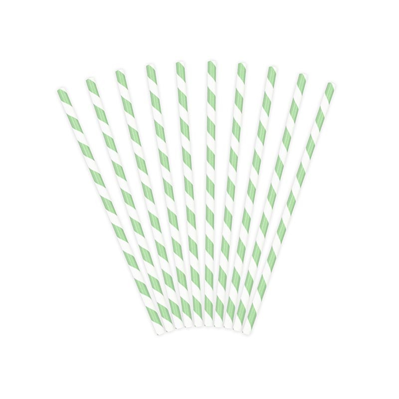 10 Pailles Rétro Rayées Vert Pastel et Blanc