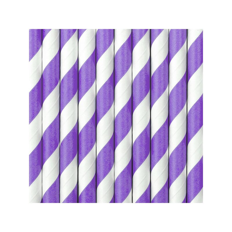 10 Pailles Rétro Rayées Lilas et Blanc