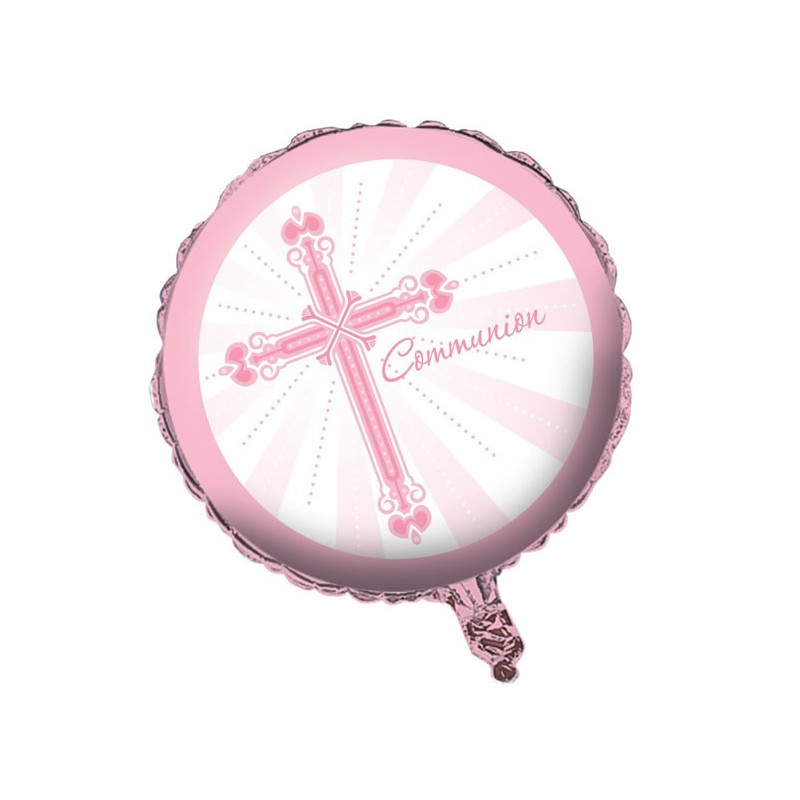 Ballon Alu Communion Croix Rose Clair et Blanc